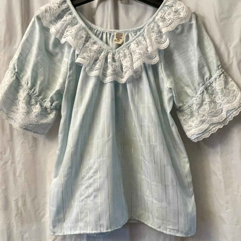 Rockmount Ranch Wear Vintage Blue Gold Metallic Lace Ruffle Prairie Blouse USA